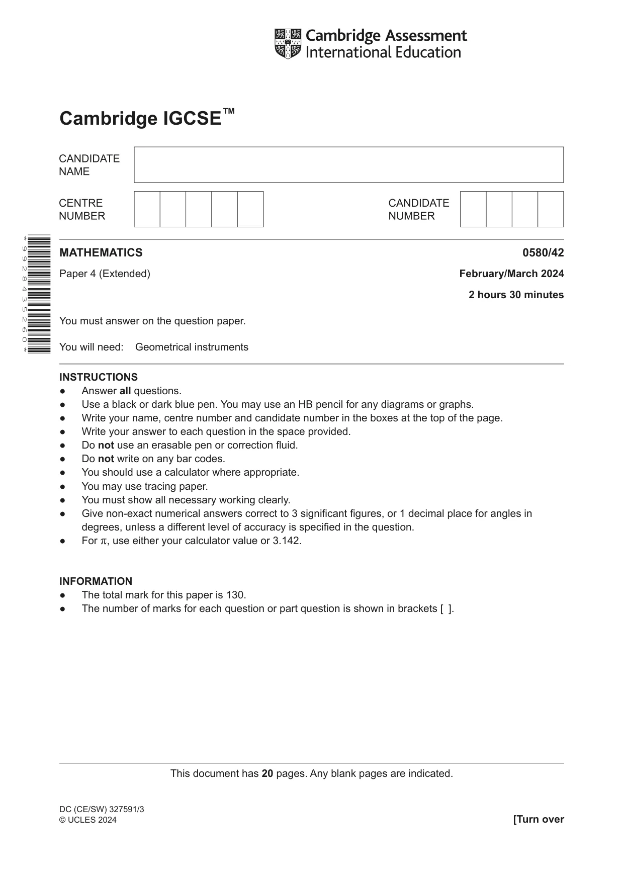 Cambridge IGCSE Mathematics 0580 2024 Feb/March Paper 4 · Variant 2 question paper, page 1 of 20