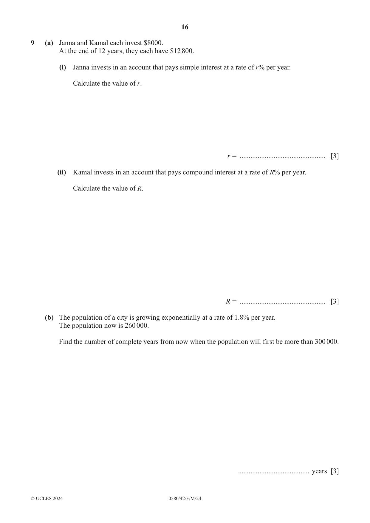 Cambridge IGCSE Mathematics 0580 2024 Feb/March Paper 4 · Variant 2 question paper, page 16 of 20