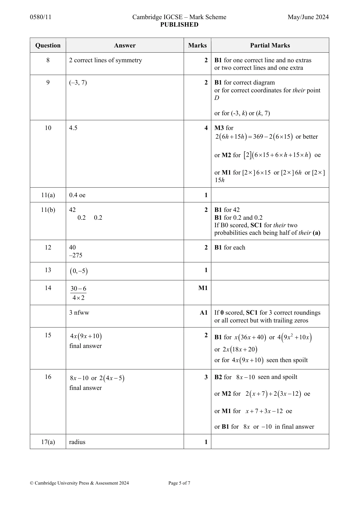 Mark scheme, page 5 of 7