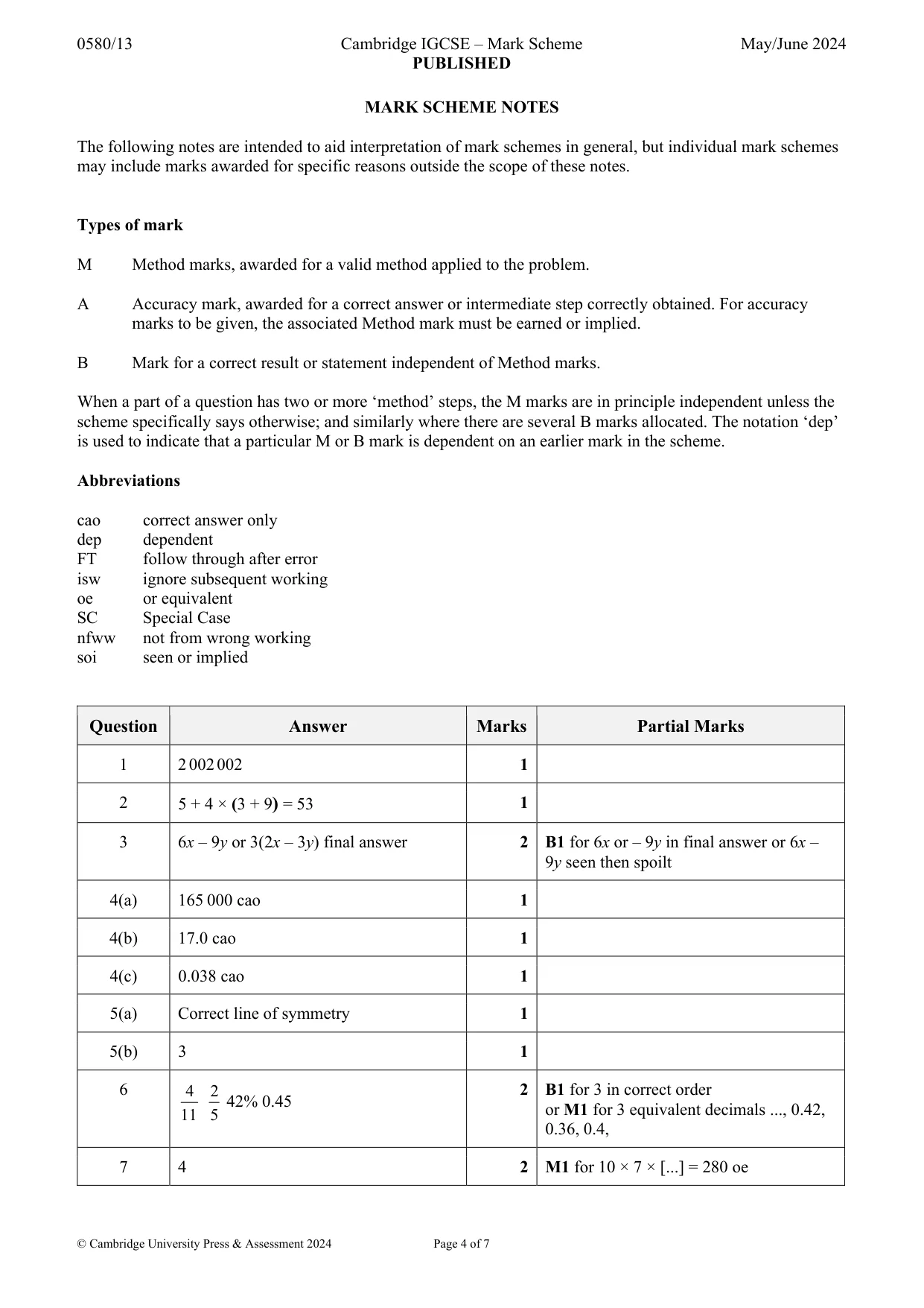 Mark scheme, page 4 of 7