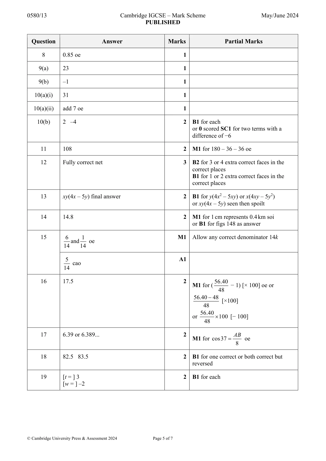 Mark scheme, page 5 of 7