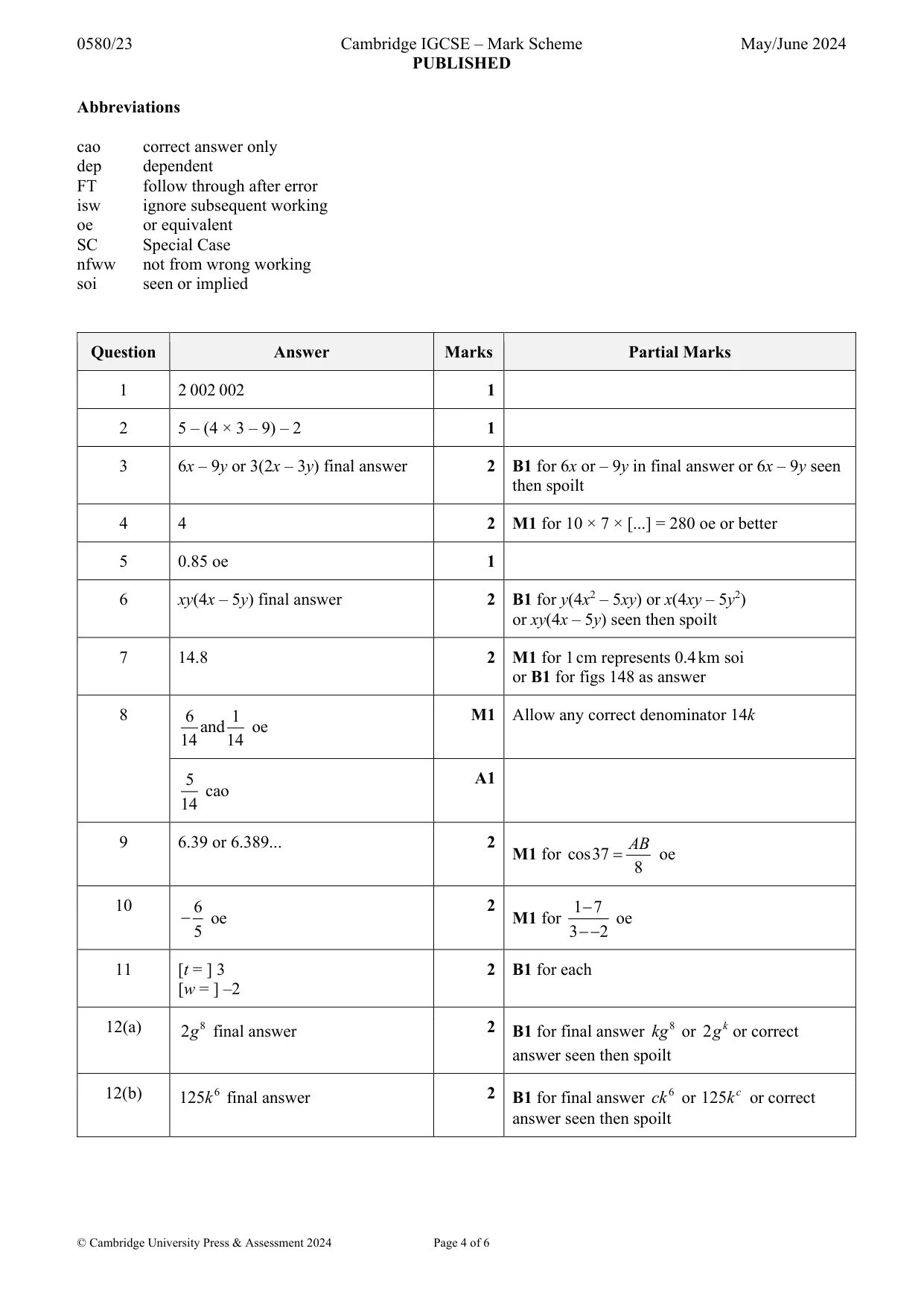 Mark scheme, page 4 of 6