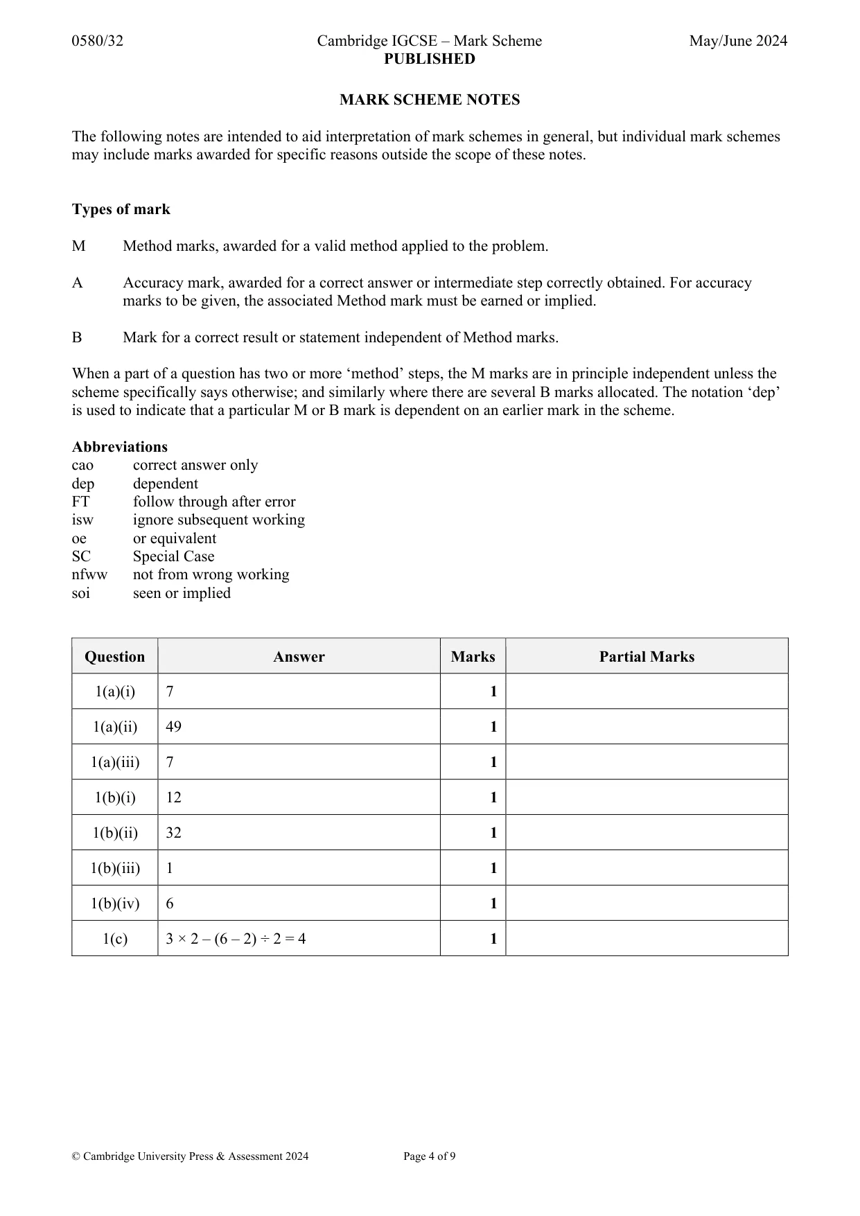 Mark scheme, page 4 of 9