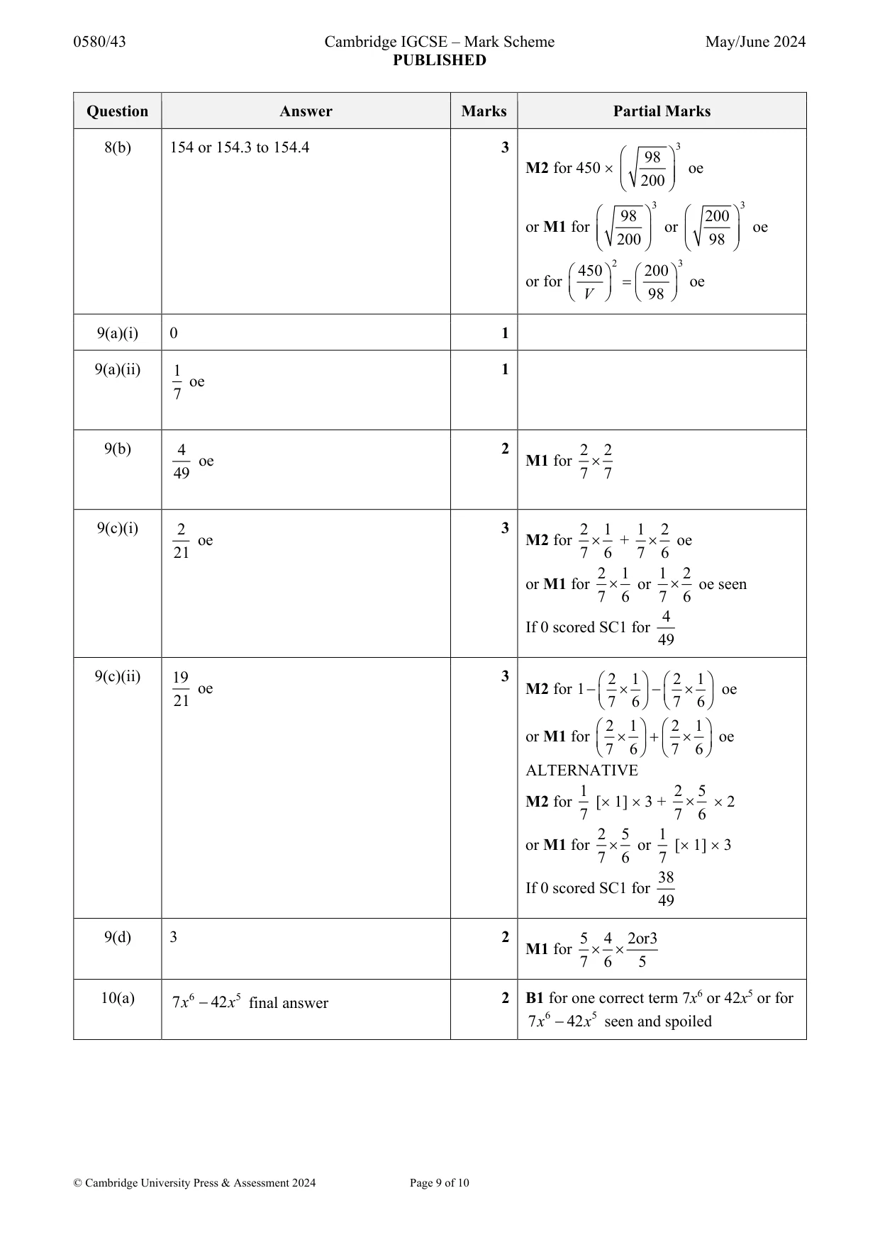 Mark scheme, page 9 of 10
