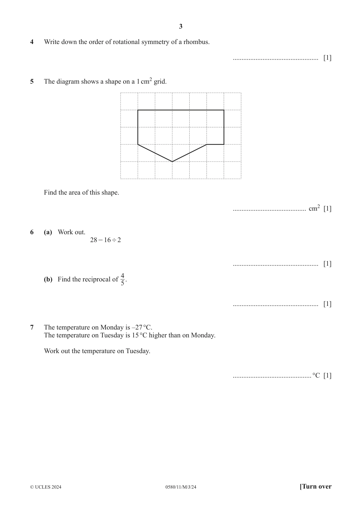 Cambridge IGCSE Mathematics 0580 2024 May/June Paper 1 · Variant 1 question paper, page 3 of 12