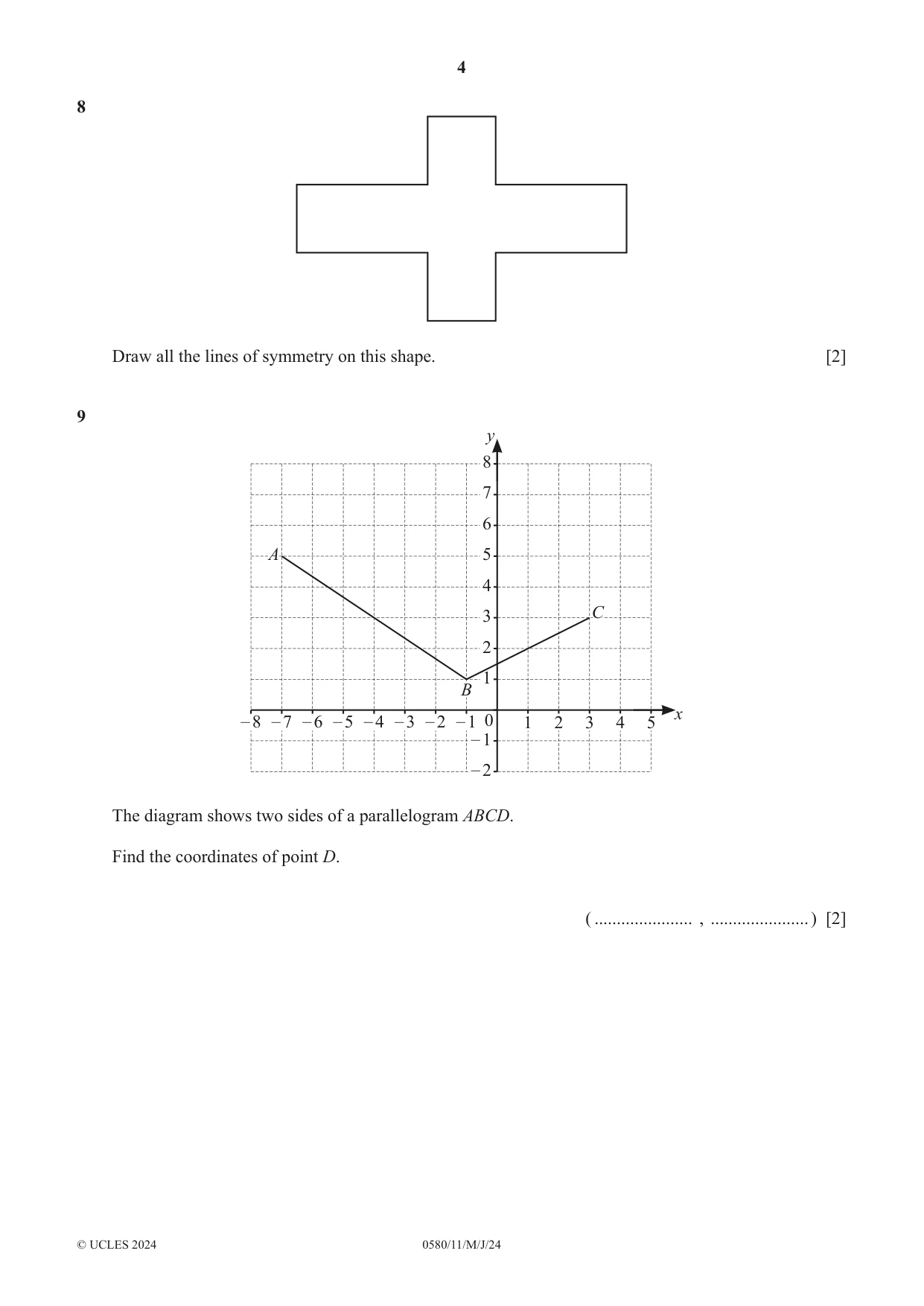 Cambridge IGCSE Mathematics 0580 2024 May/June Paper 1 · Variant 1 question paper, page 4 of 12