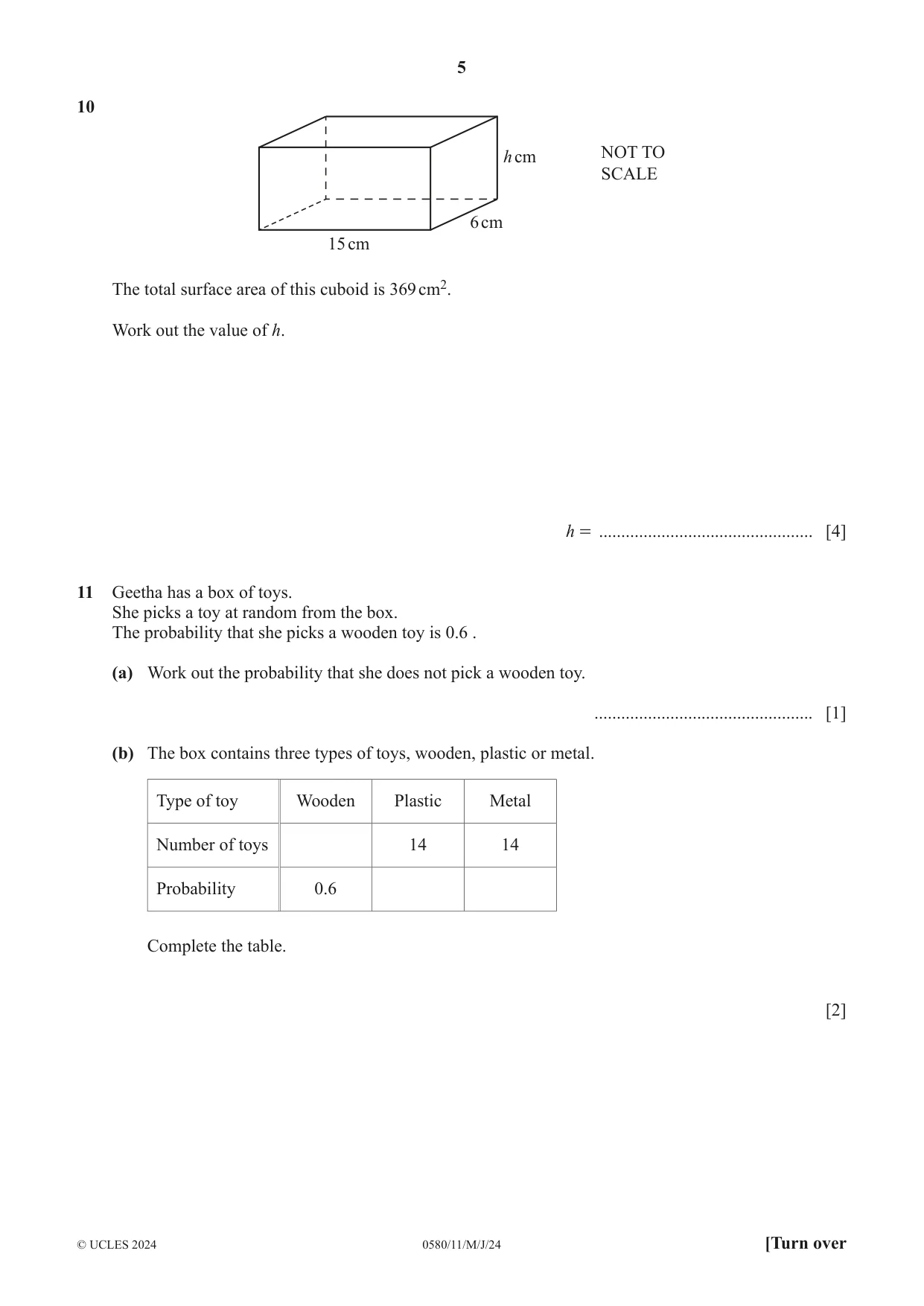 Cambridge IGCSE Mathematics 0580 2024 May/June Paper 1 · Variant 1 question paper, page 5 of 12