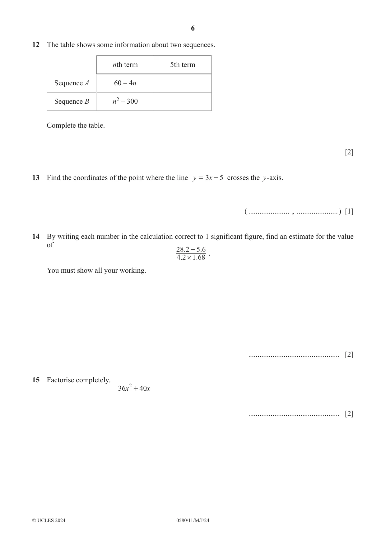 Cambridge IGCSE Mathematics 0580 2024 May/June Paper 1 · Variant 1 question paper, page 6 of 12