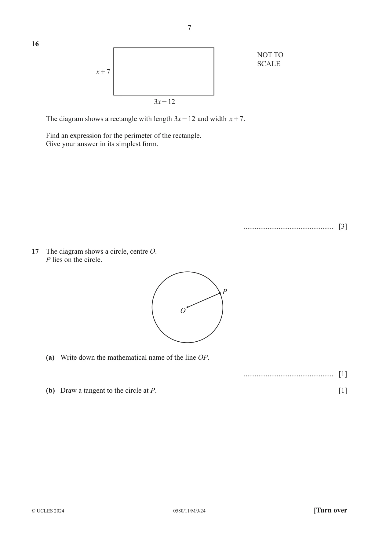 Cambridge IGCSE Mathematics 0580 2024 May/June Paper 1 · Variant 1 question paper, page 7 of 12