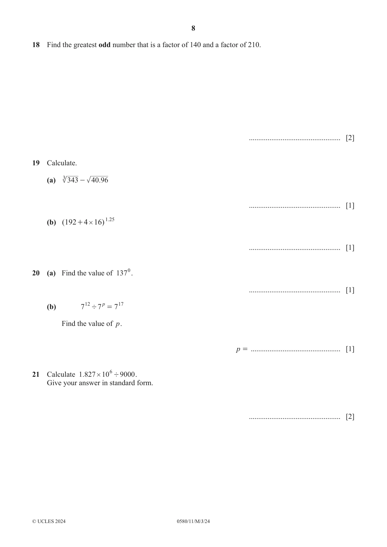 Cambridge IGCSE Mathematics 0580 2024 May/June Paper 1 · Variant 1 question paper, page 8 of 12