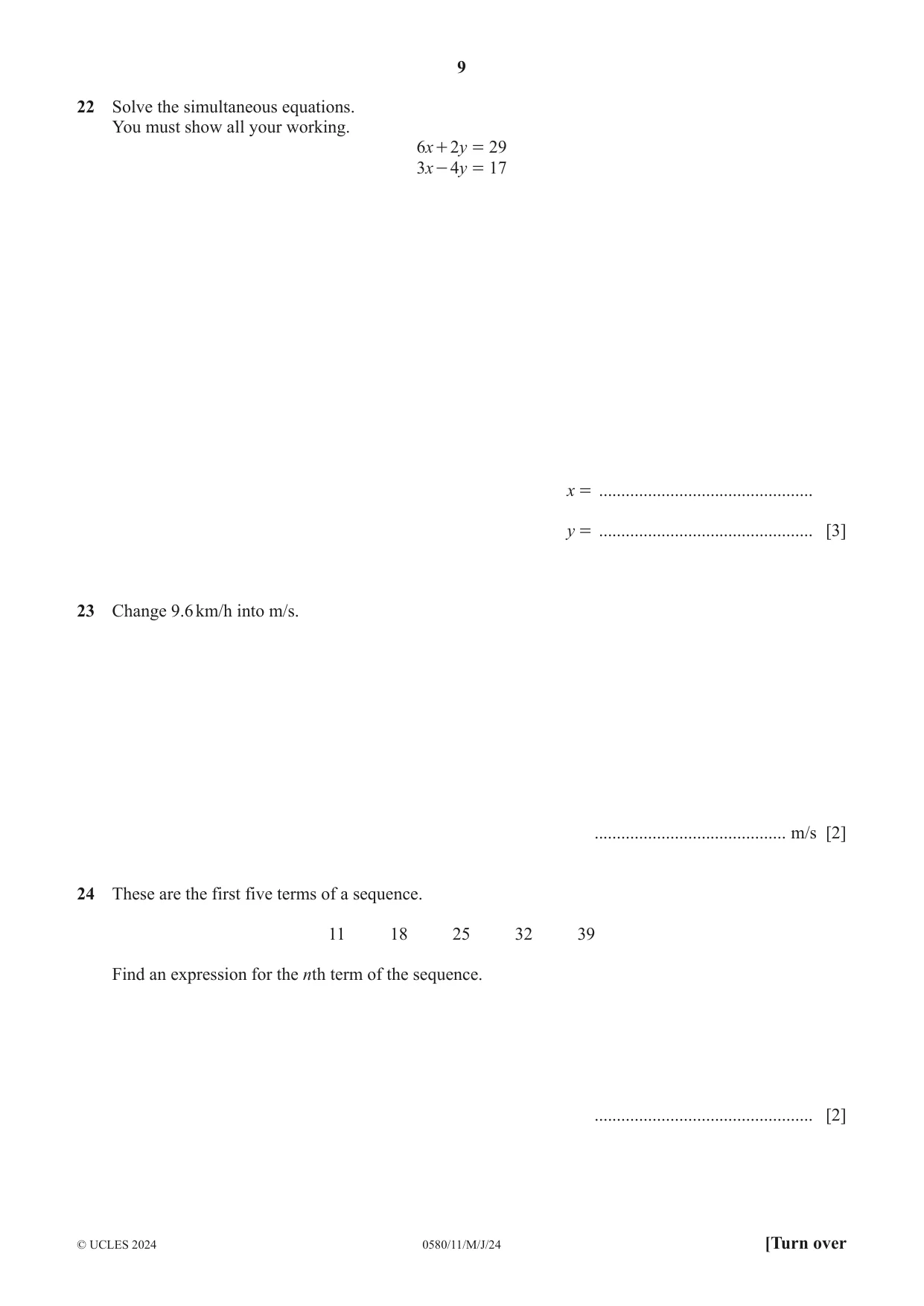 Cambridge IGCSE Mathematics 0580 2024 May/June Paper 1 · Variant 1 question paper, page 9 of 12