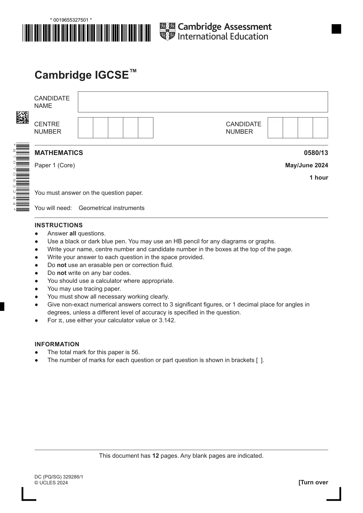 Cambridge IGCSE Mathematics 0580 2024 May/June Paper 1 · Variant 3 question paper, page 1 of 12