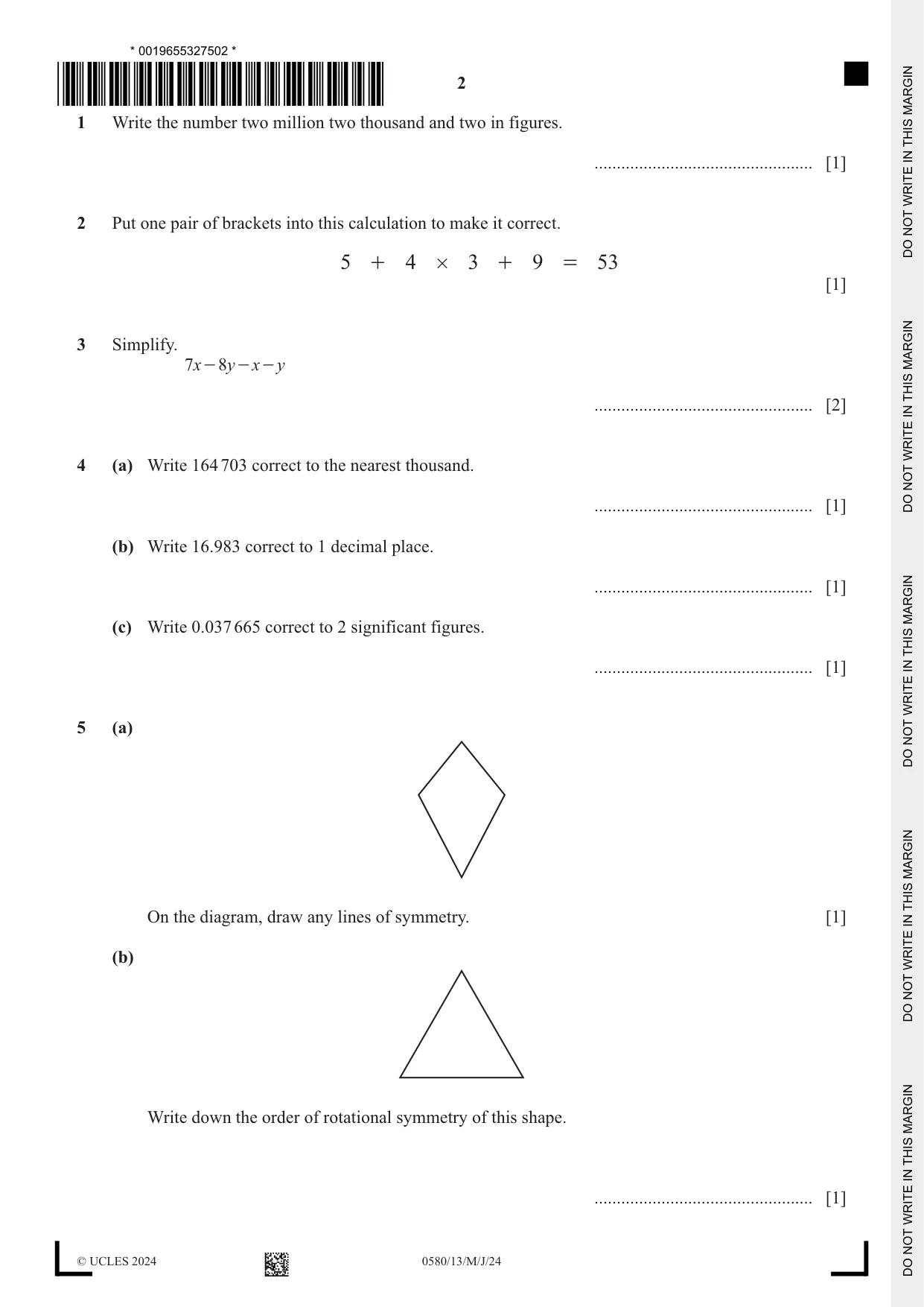 Cambridge IGCSE Mathematics 0580 2024 May/June Paper 1 · Variant 3 question paper, page 2 of 12
