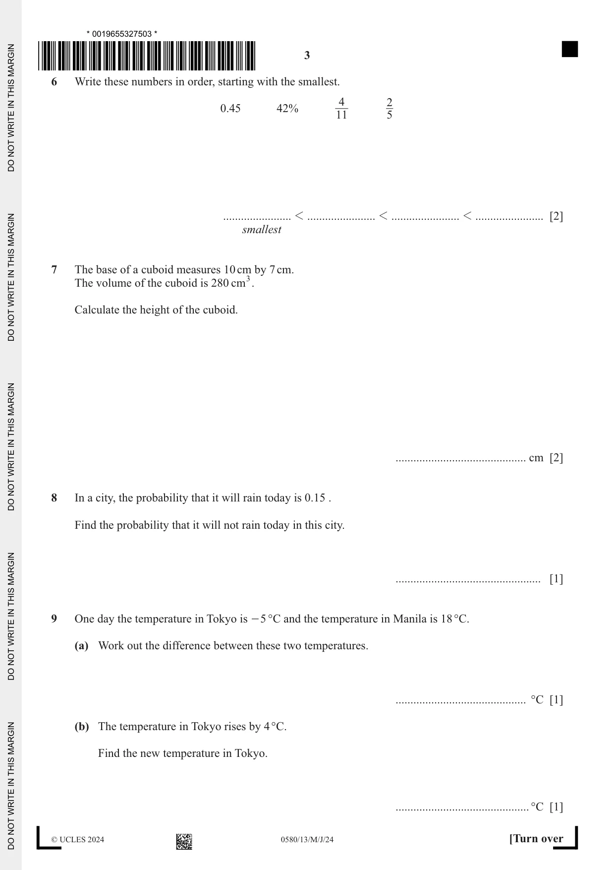 Cambridge IGCSE Mathematics 0580 2024 May/June Paper 1 · Variant 3 question paper, page 3 of 12