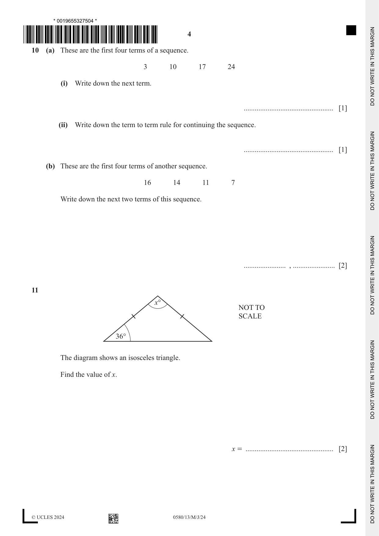 Cambridge IGCSE Mathematics 0580 2024 May/June Paper 1 · Variant 3 question paper, page 4 of 12