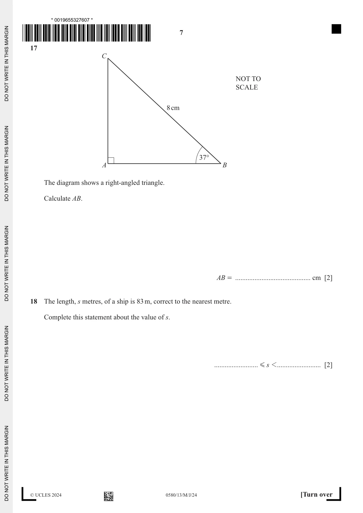 Cambridge IGCSE Mathematics 0580 2024 May/June Paper 1 · Variant 3 question paper, page 7 of 12