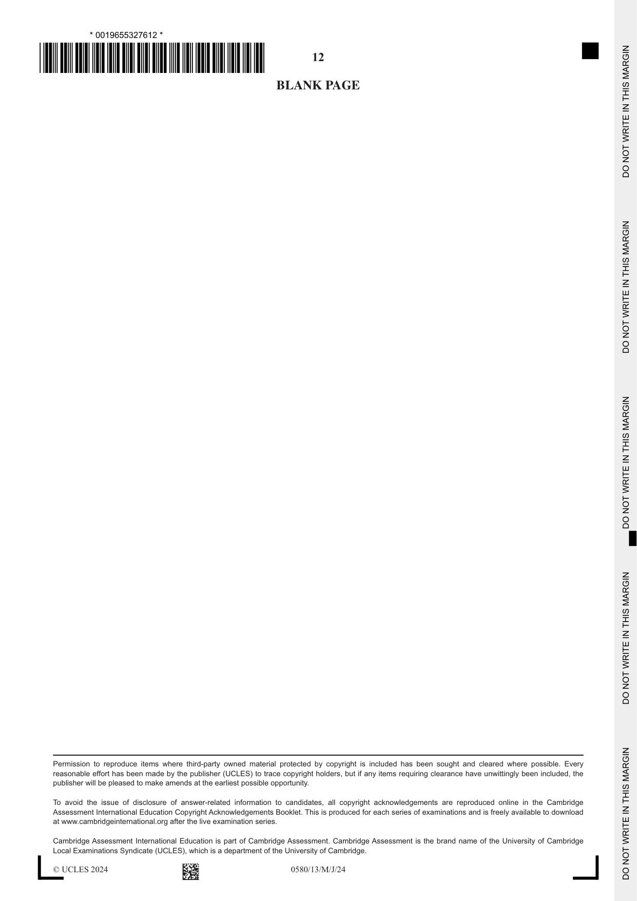 Cambridge IGCSE Mathematics 0580 2024 May/June Paper 1 · Variant 3 question paper, page 12 of 12