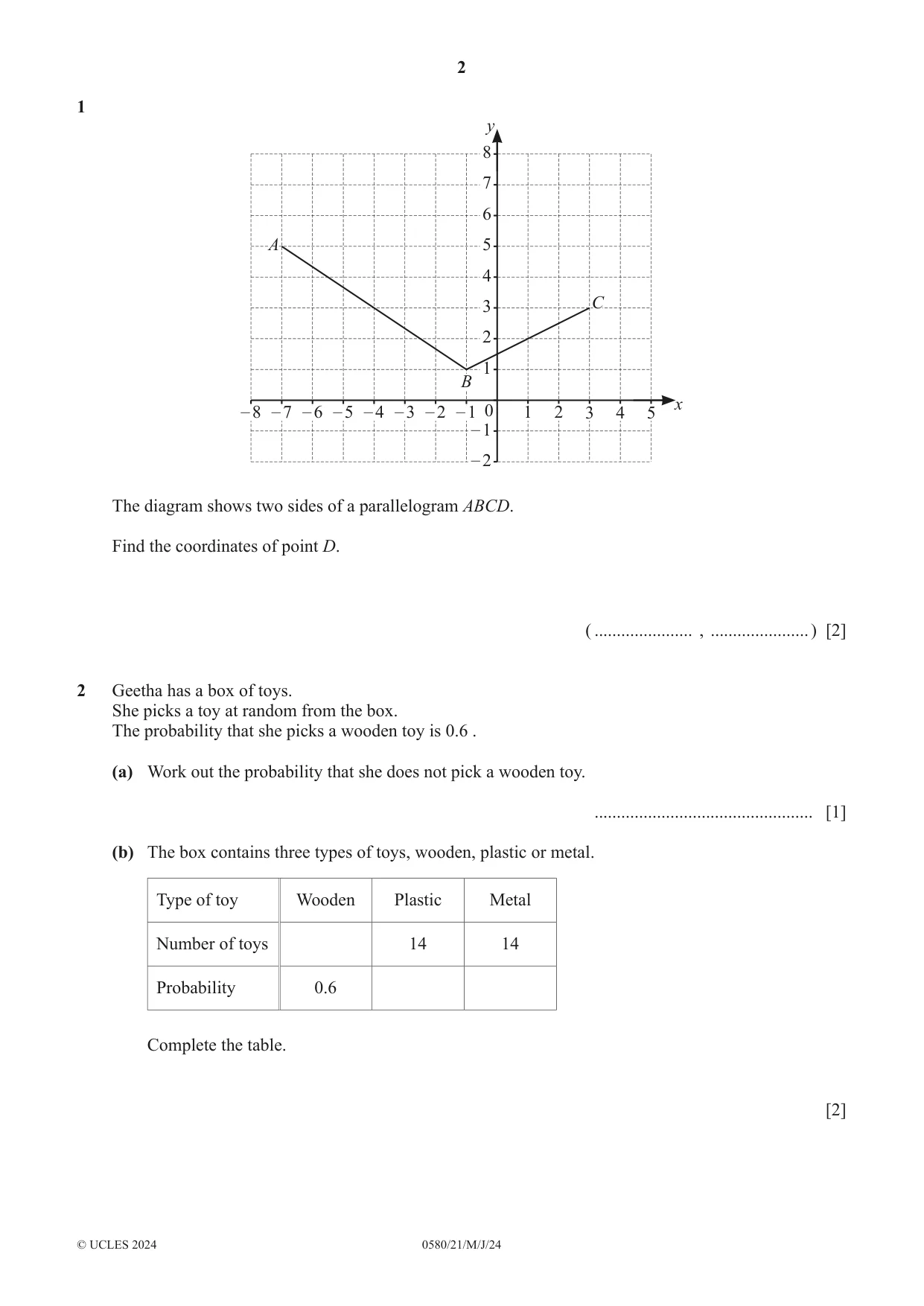 Cambridge IGCSE Mathematics 0580 2024 May/June Paper 2 · Variant 1 question paper, page 2 of 16