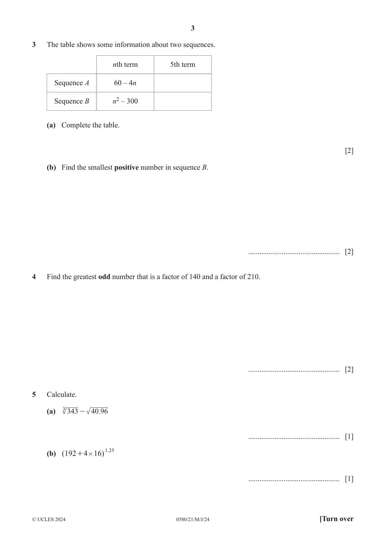 Cambridge IGCSE Mathematics 0580 2024 May/June Paper 2 · Variant 1 question paper, page 3 of 16