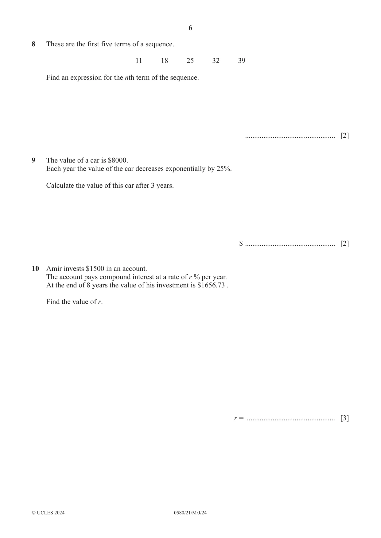 Cambridge IGCSE Mathematics 0580 2024 May/June Paper 2 · Variant 1 question paper, page 6 of 16