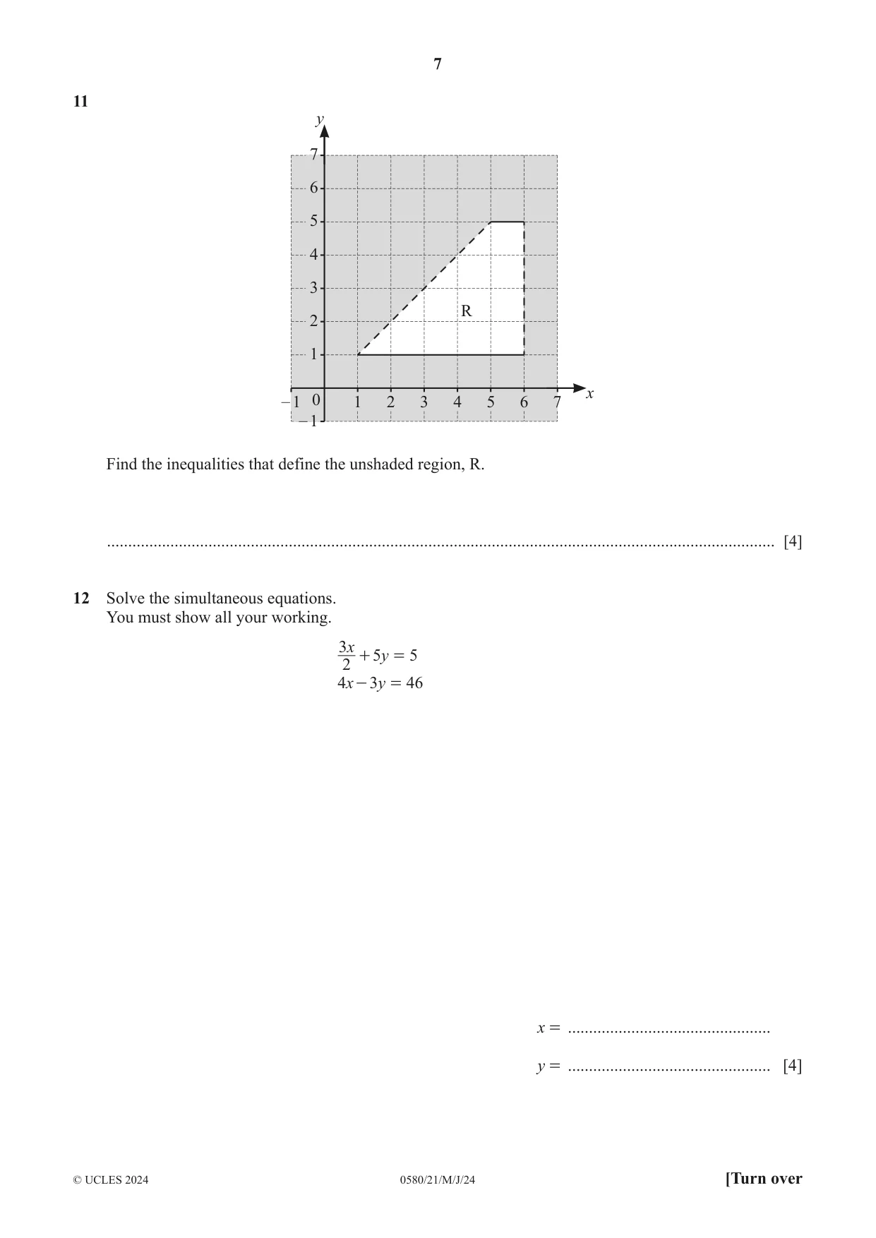 Cambridge IGCSE Mathematics 0580 2024 May/June Paper 2 · Variant 1 question paper, page 7 of 16