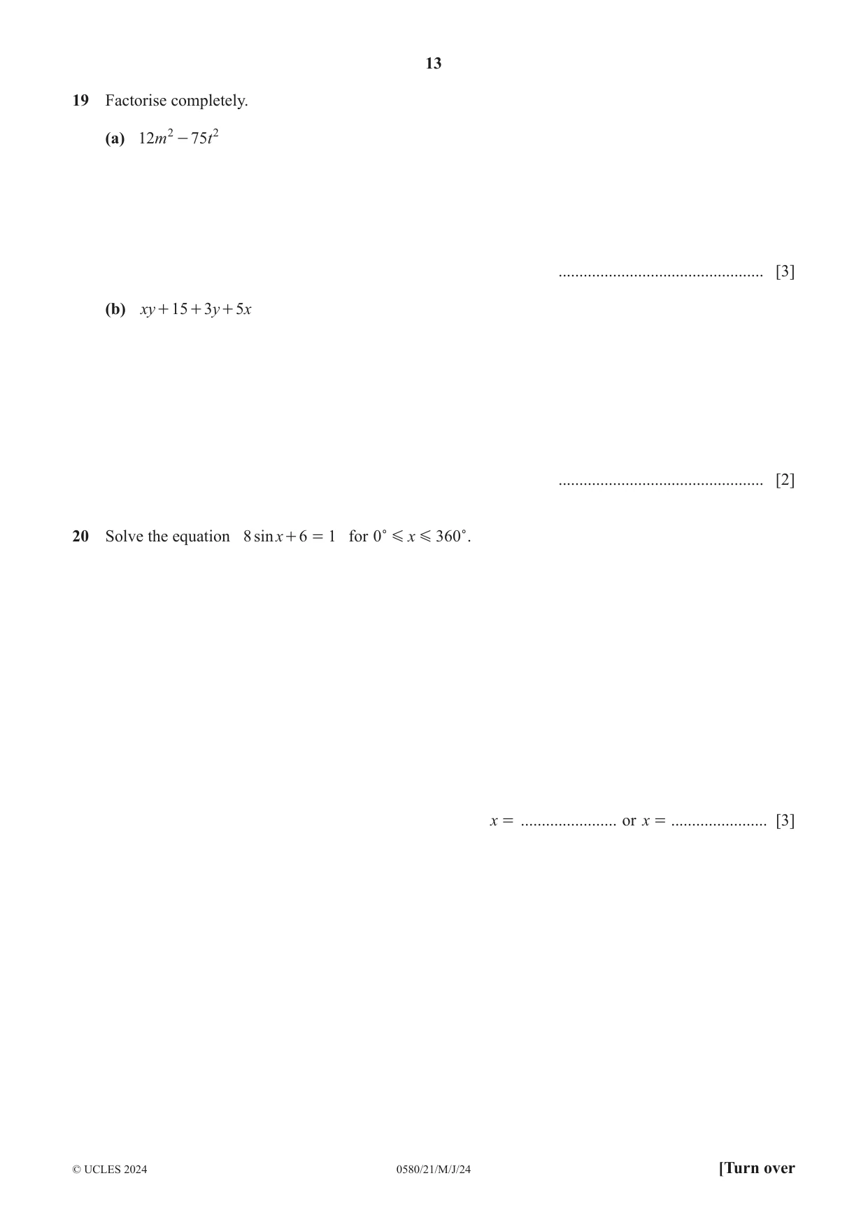 Cambridge IGCSE Mathematics 0580 2024 May/June Paper 2 · Variant 1 question paper, page 13 of 16