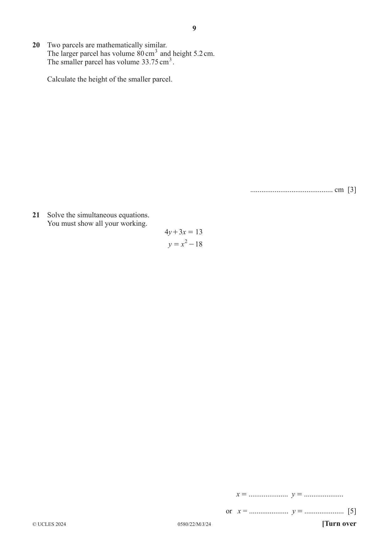 Cambridge IGCSE Mathematics 0580 2024 May/June Paper 2 · Variant 2 question paper, page 9 of 12