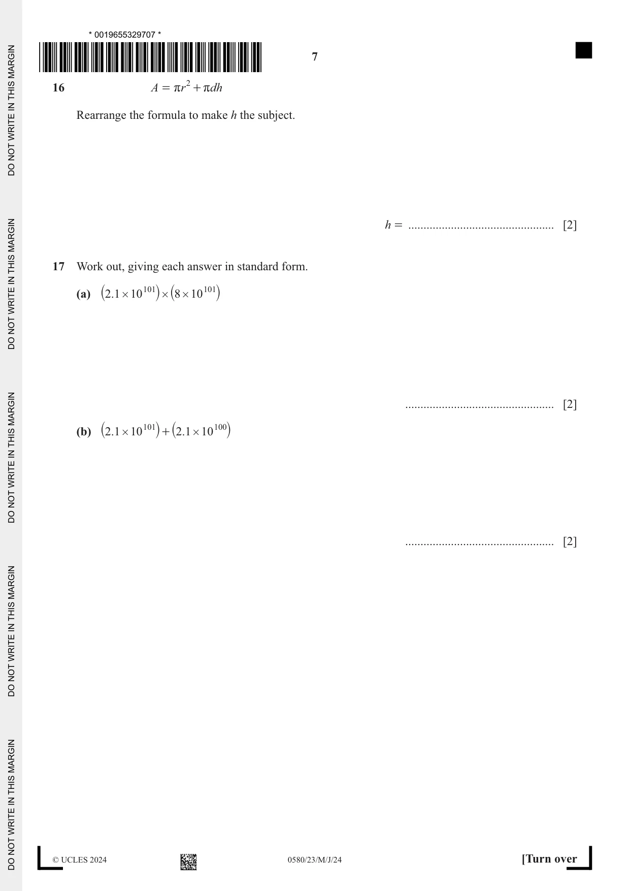 Cambridge IGCSE Mathematics 0580 2024 May/June Paper 2 · Variant 3 question paper, page 7 of 12