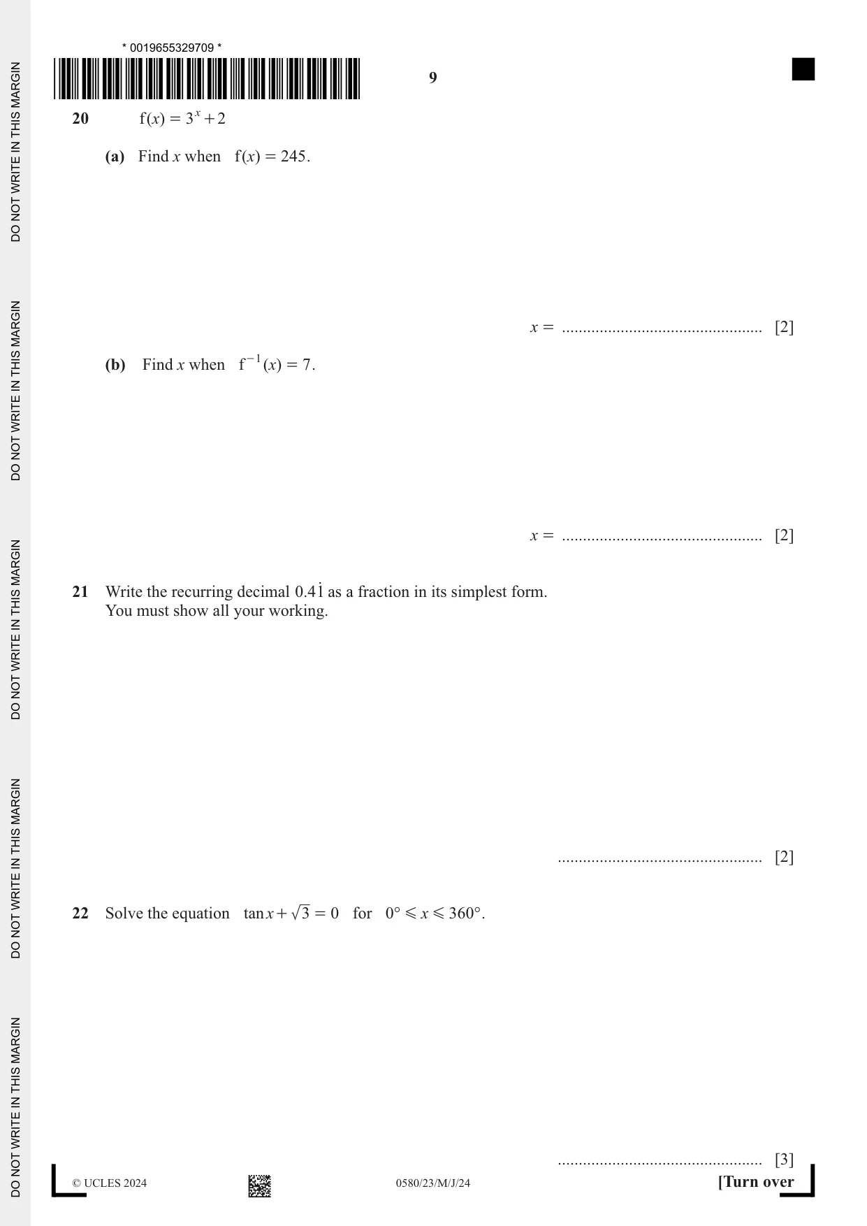 Cambridge IGCSE Mathematics 0580 2024 May/June Paper 2 · Variant 3 question paper, page 9 of 12