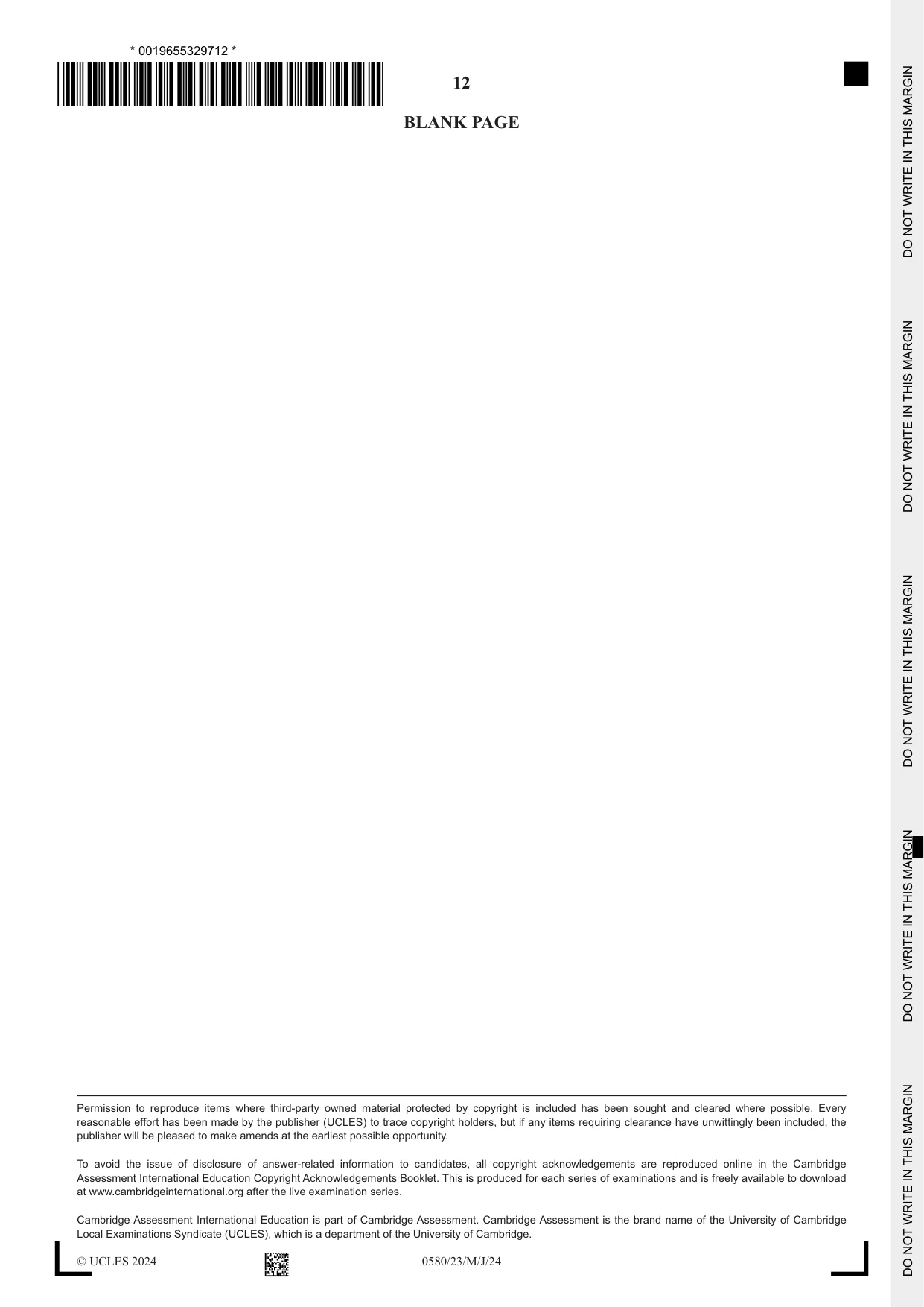 Cambridge IGCSE Mathematics 0580 2024 May/June Paper 2 · Variant 3 question paper, page 12 of 12