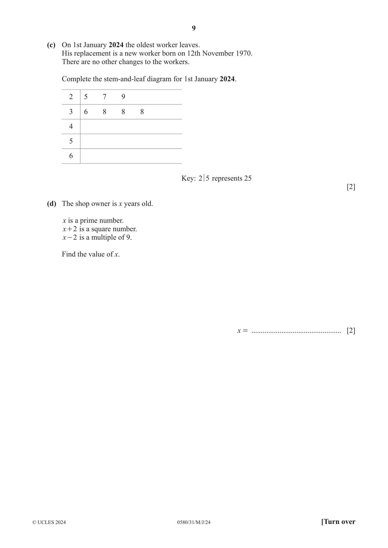 Cambridge IGCSE Mathematics 0580 2024 May/June Paper 3 · Variant 1 question paper, page 9 of 16