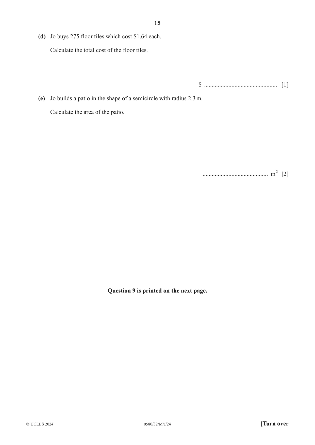 Cambridge IGCSE Mathematics 0580 2024 May/June Paper 3 · Variant 2 question paper, page 15 of 16