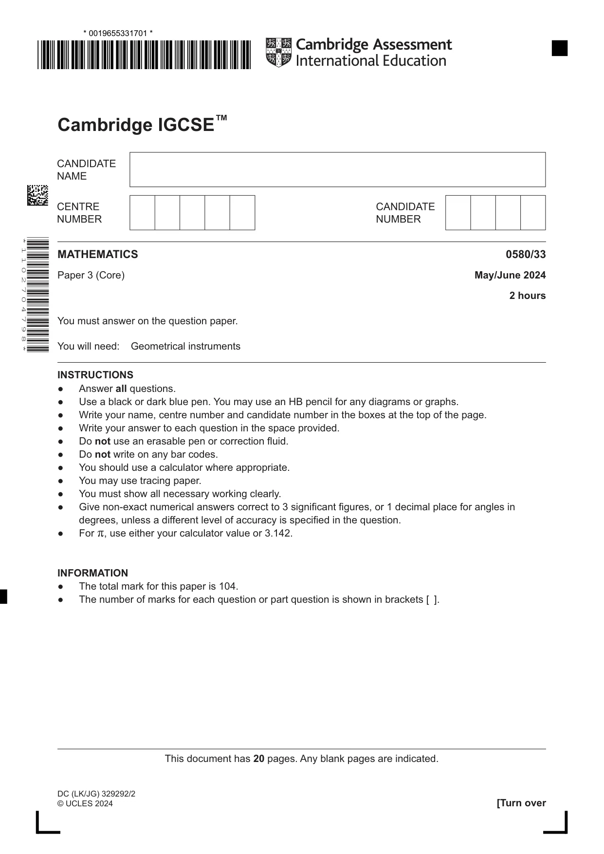 Cambridge IGCSE Mathematics 0580 2024 May/June Paper 3 · Variant 3 question paper, page 1 of 20
