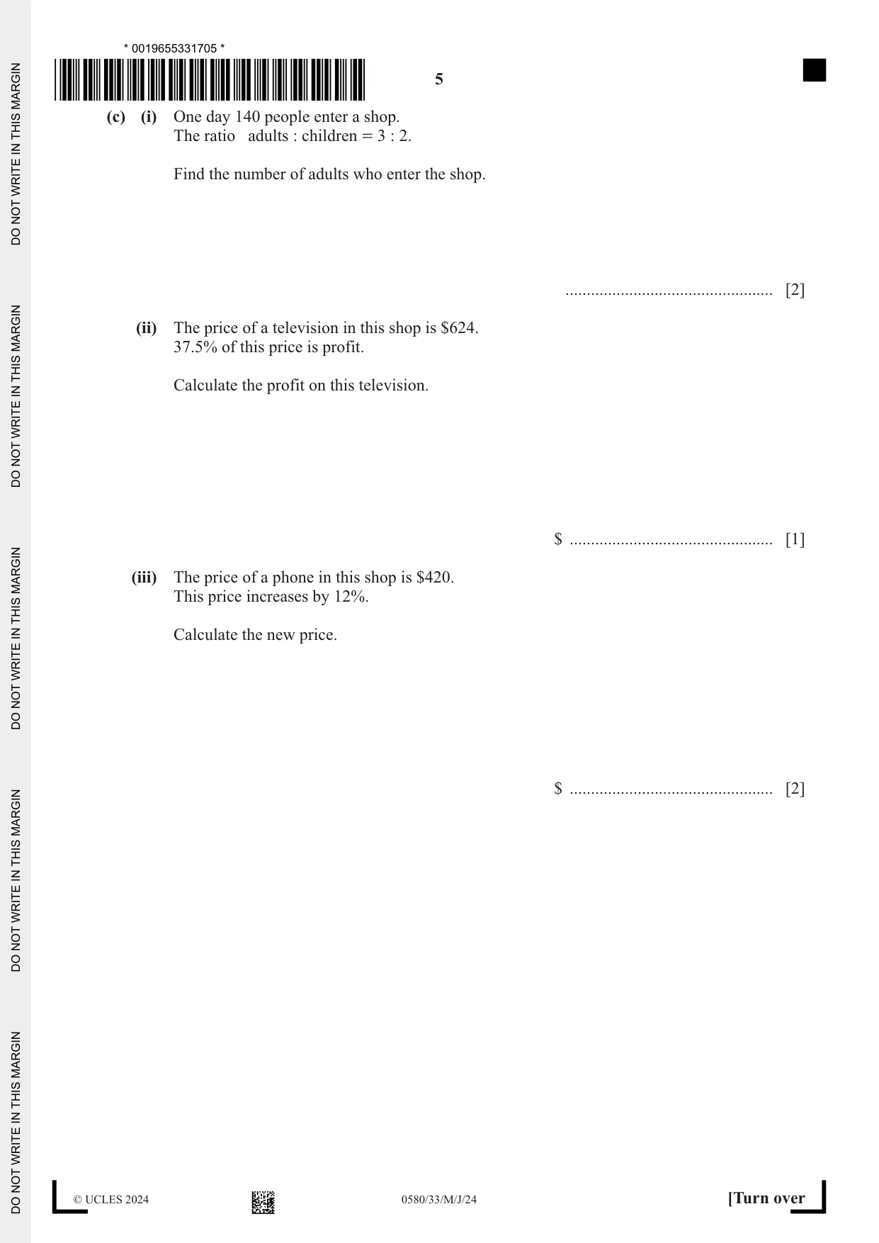 Cambridge IGCSE Mathematics 0580 2024 May/June Paper 3 · Variant 3 question paper, page 5 of 20