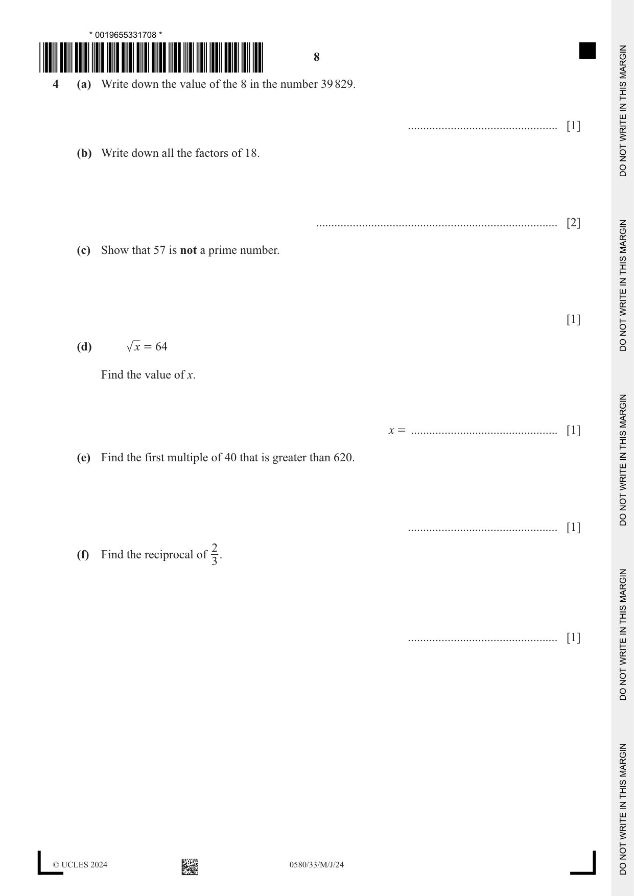 Cambridge IGCSE Mathematics 0580 2024 May/June Paper 3 · Variant 3 question paper, page 8 of 20