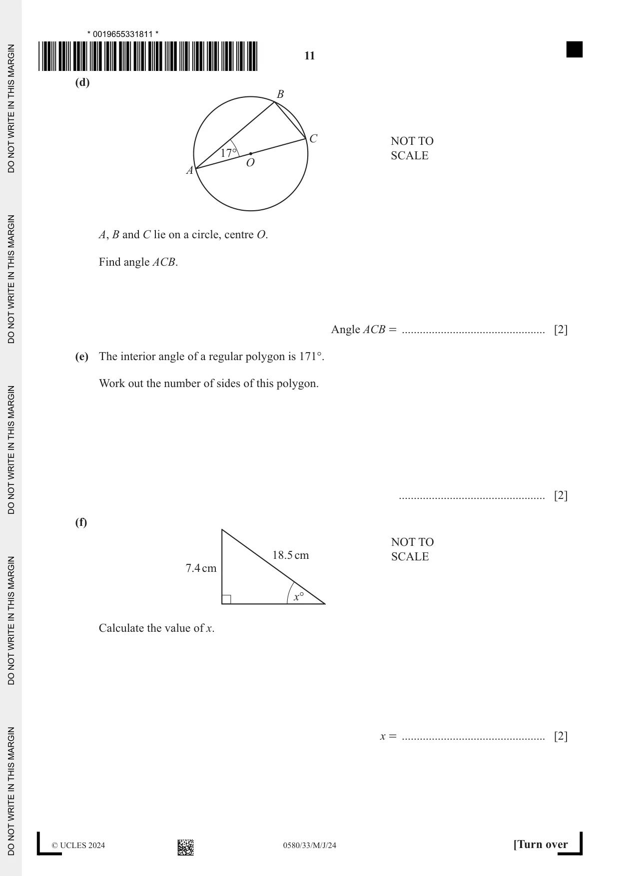 Cambridge IGCSE Mathematics 0580 2024 May/June Paper 3 · Variant 3 question paper, page 11 of 20
