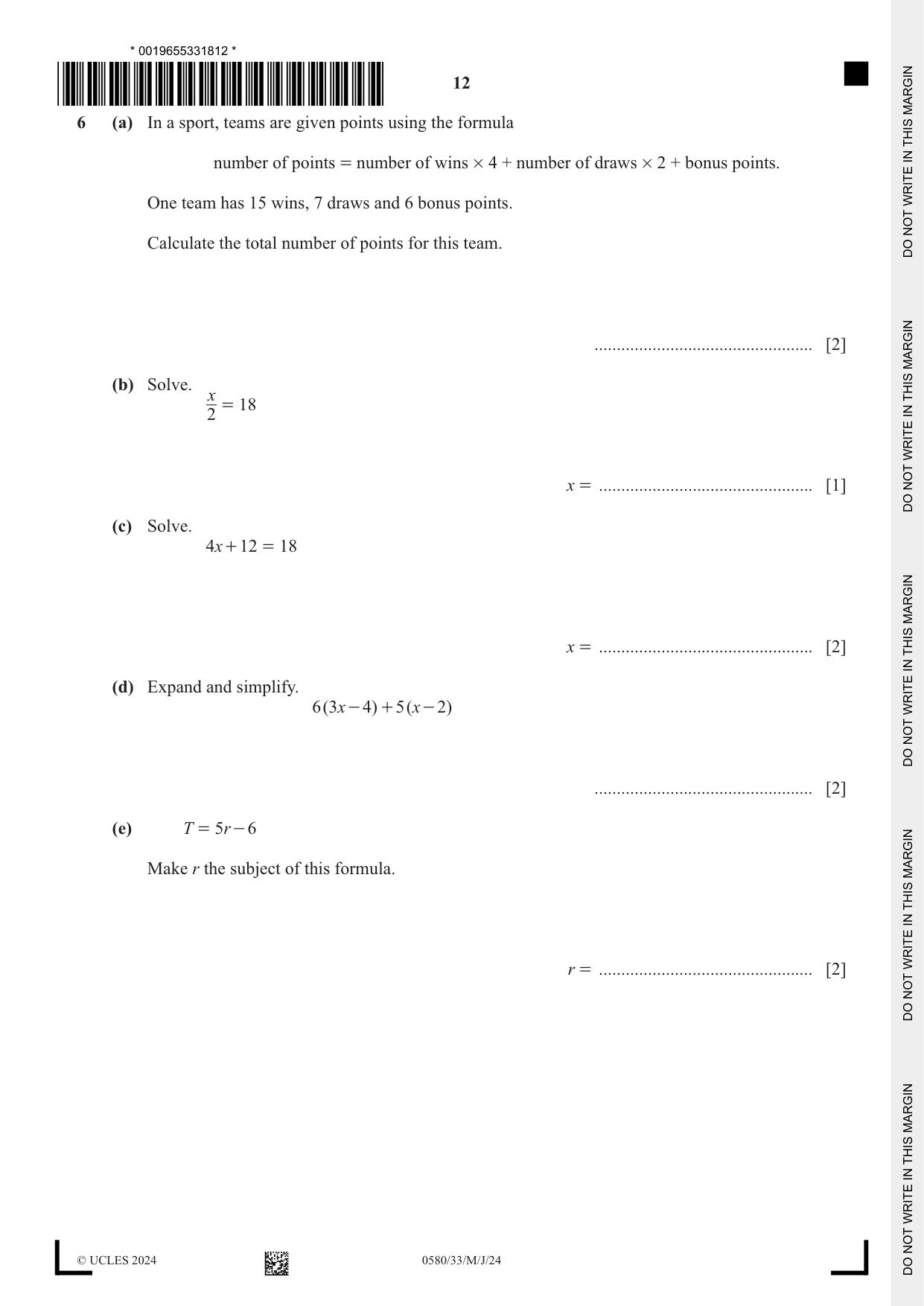 Cambridge IGCSE Mathematics 0580 2024 May/June Paper 3 · Variant 3 question paper, page 12 of 20