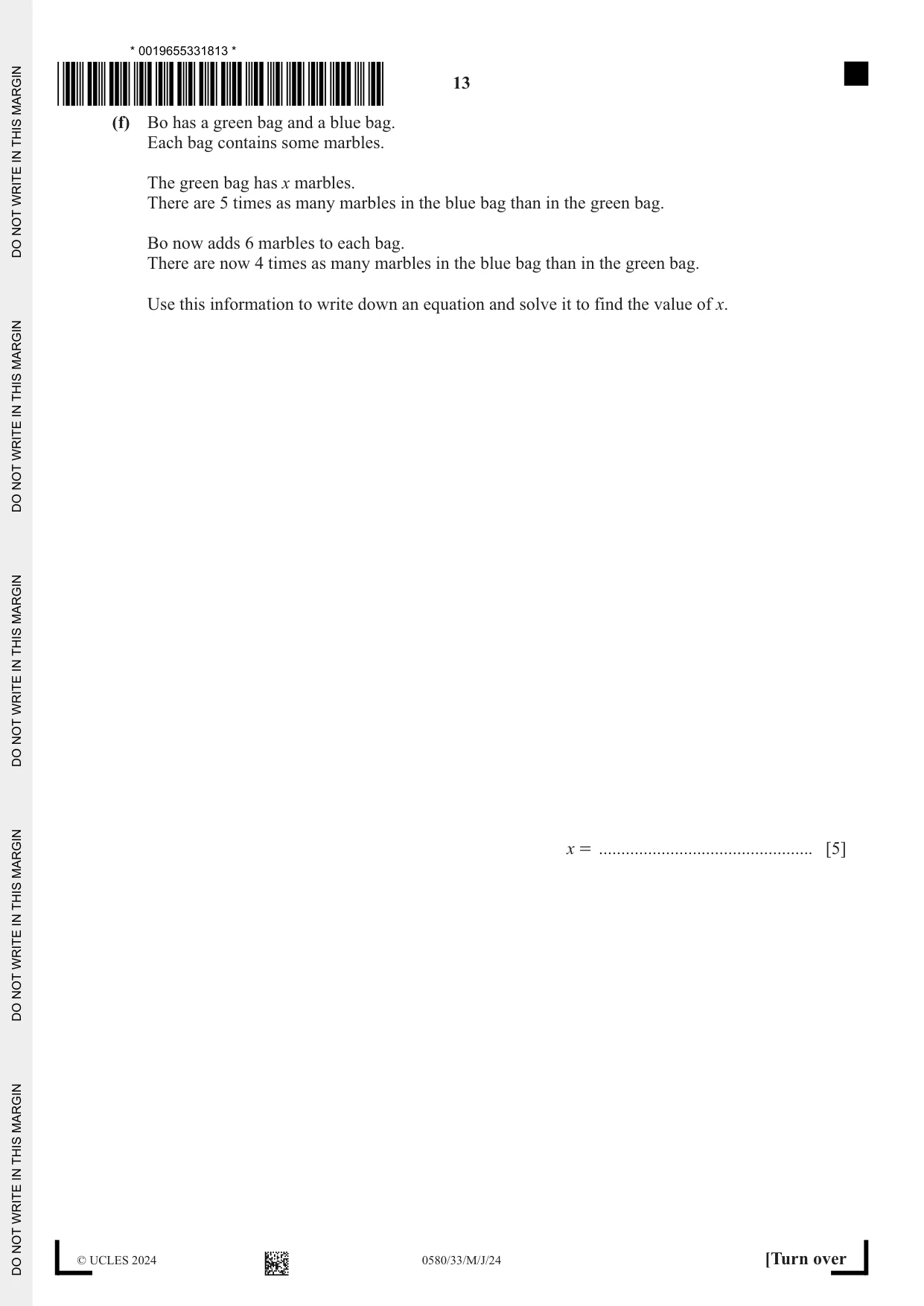 Cambridge IGCSE Mathematics 0580 2024 May/June Paper 3 · Variant 3 question paper, page 13 of 20