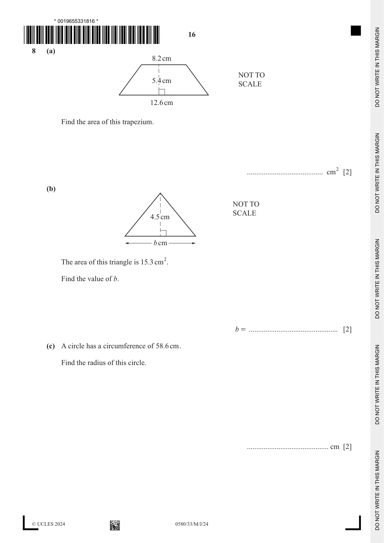 Cambridge IGCSE Mathematics 0580 2024 May/June Paper 3 · Variant 3 question paper, page 16 of 20