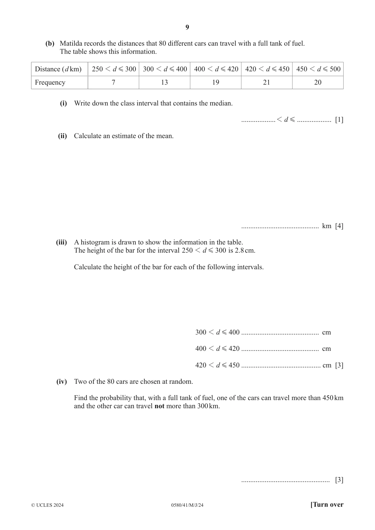 Cambridge IGCSE Mathematics 0580 2024 May/June Paper 4 · Variant 1 question paper, page 9 of 20