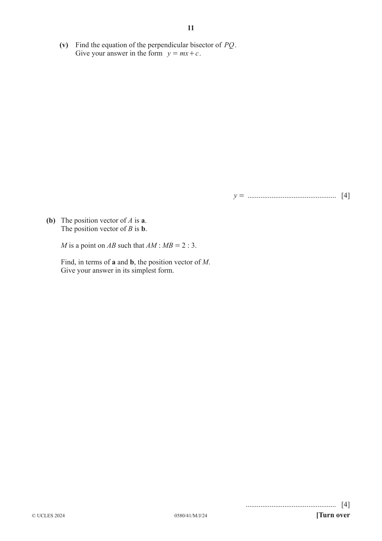 Cambridge IGCSE Mathematics 0580 2024 May/June Paper 4 · Variant 1 question paper, page 11 of 20