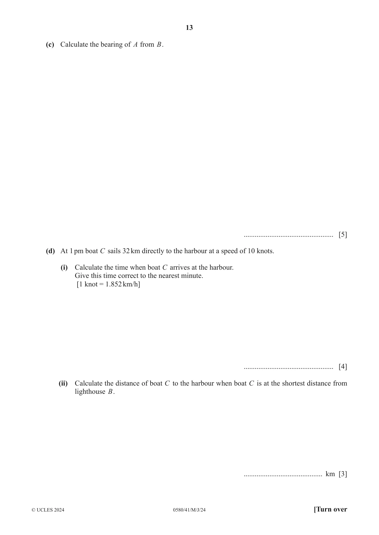 Cambridge IGCSE Mathematics 0580 2024 May/June Paper 4 · Variant 1 question paper, page 13 of 20