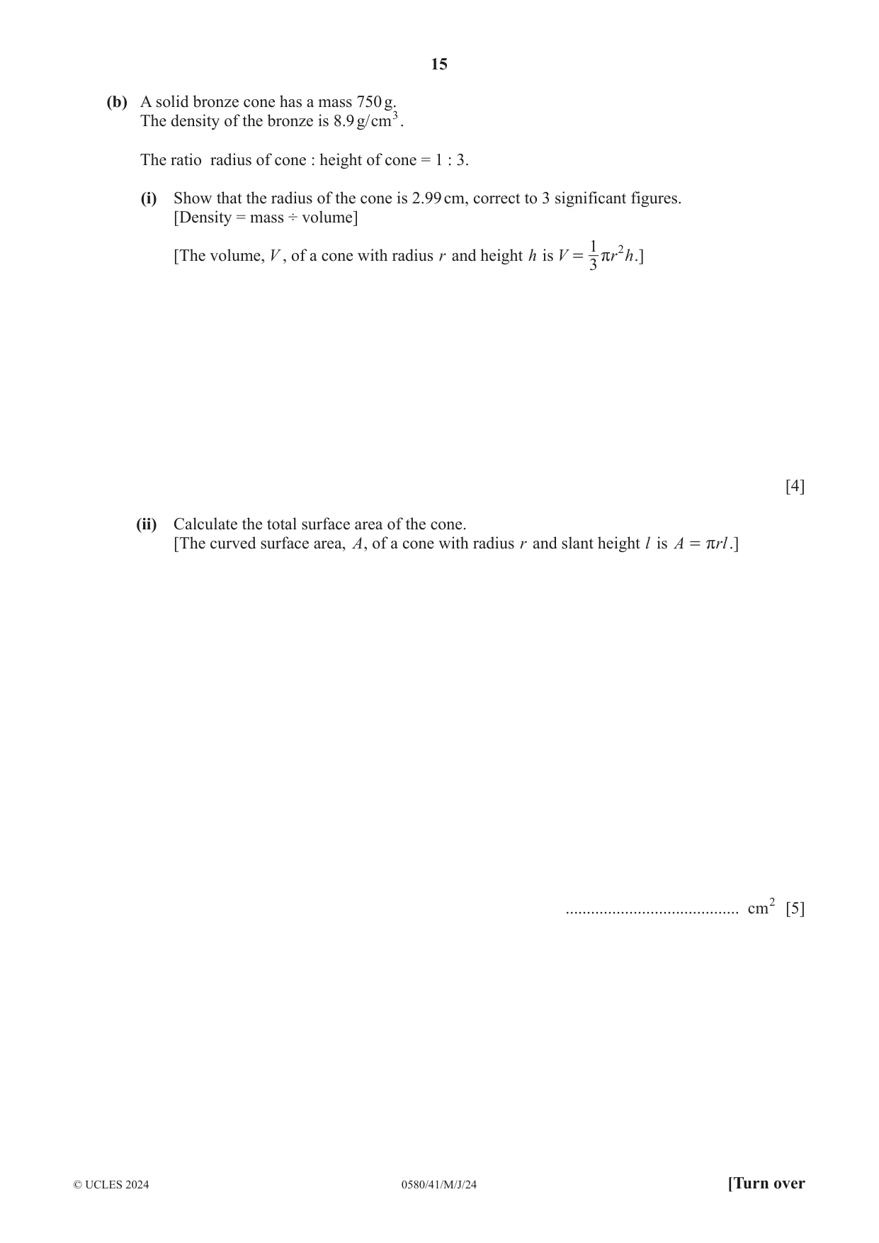 Cambridge IGCSE Mathematics 0580 2024 May/June Paper 4 · Variant 1 question paper, page 15 of 20