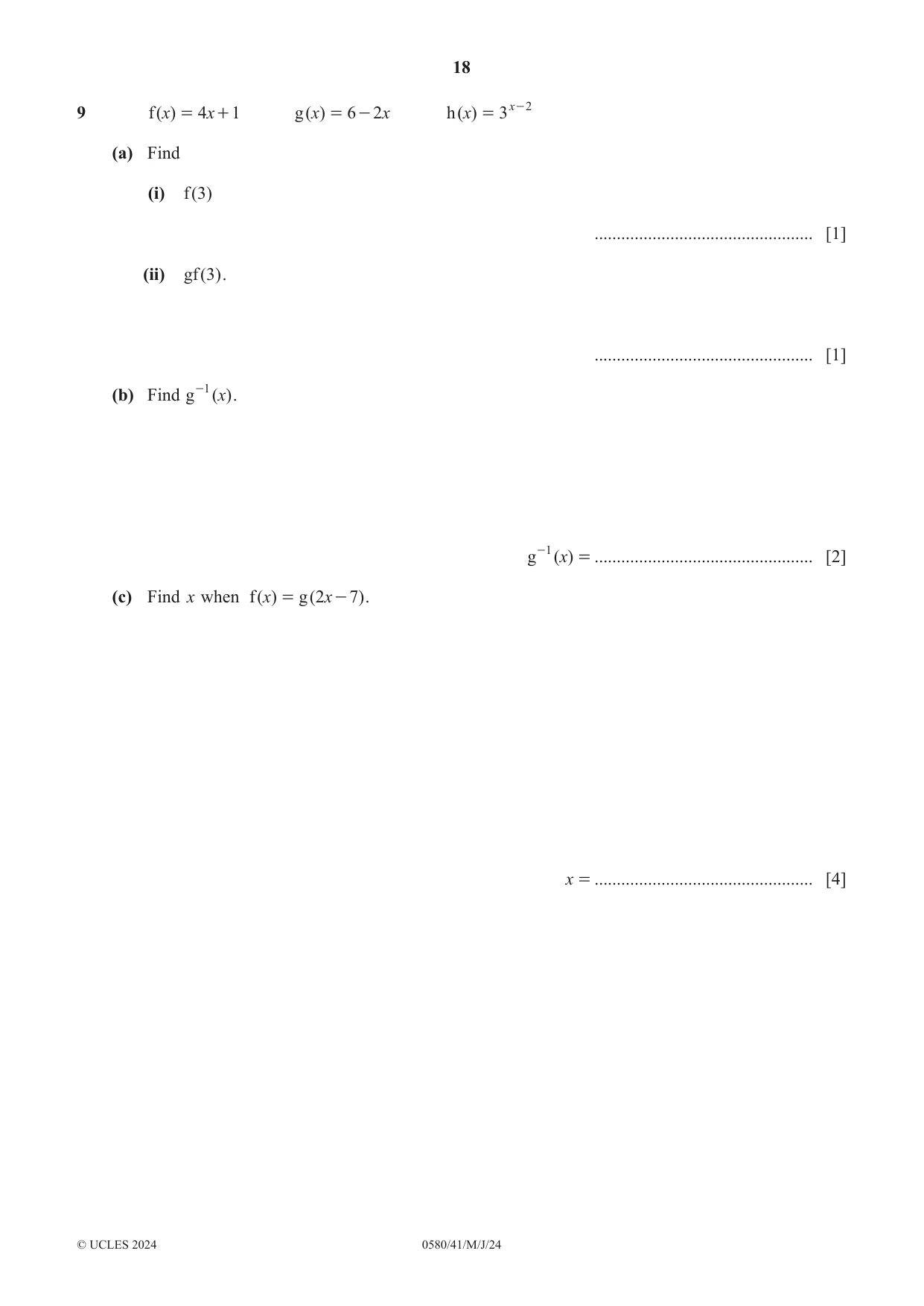 Cambridge IGCSE Mathematics 0580 2024 May/June Paper 4 · Variant 1 question paper, page 18 of 20