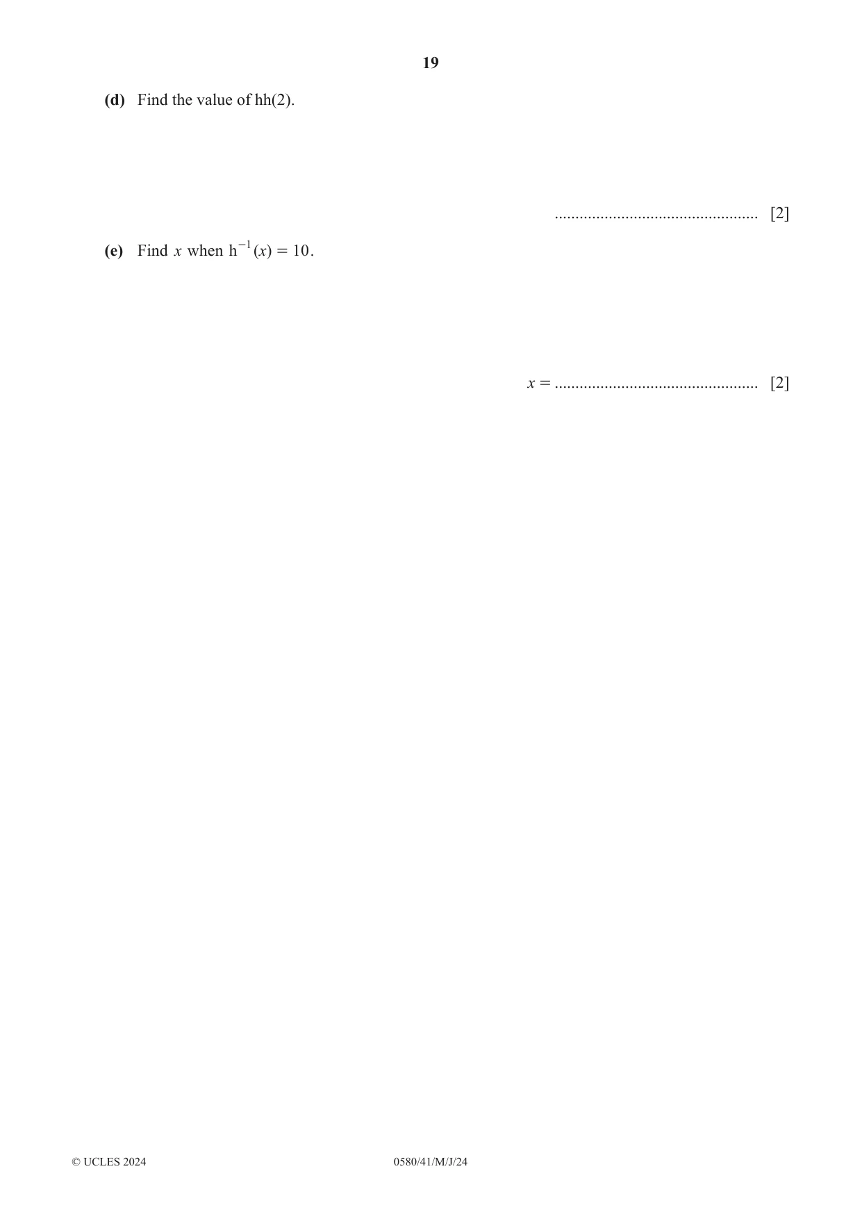 Cambridge IGCSE Mathematics 0580 2024 May/June Paper 4 · Variant 1 question paper, page 19 of 20