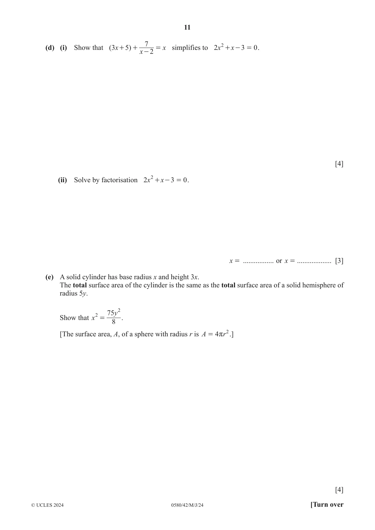 Cambridge IGCSE Mathematics 0580 2024 May/June Paper 4 · Variant 2 question paper, page 11 of 20