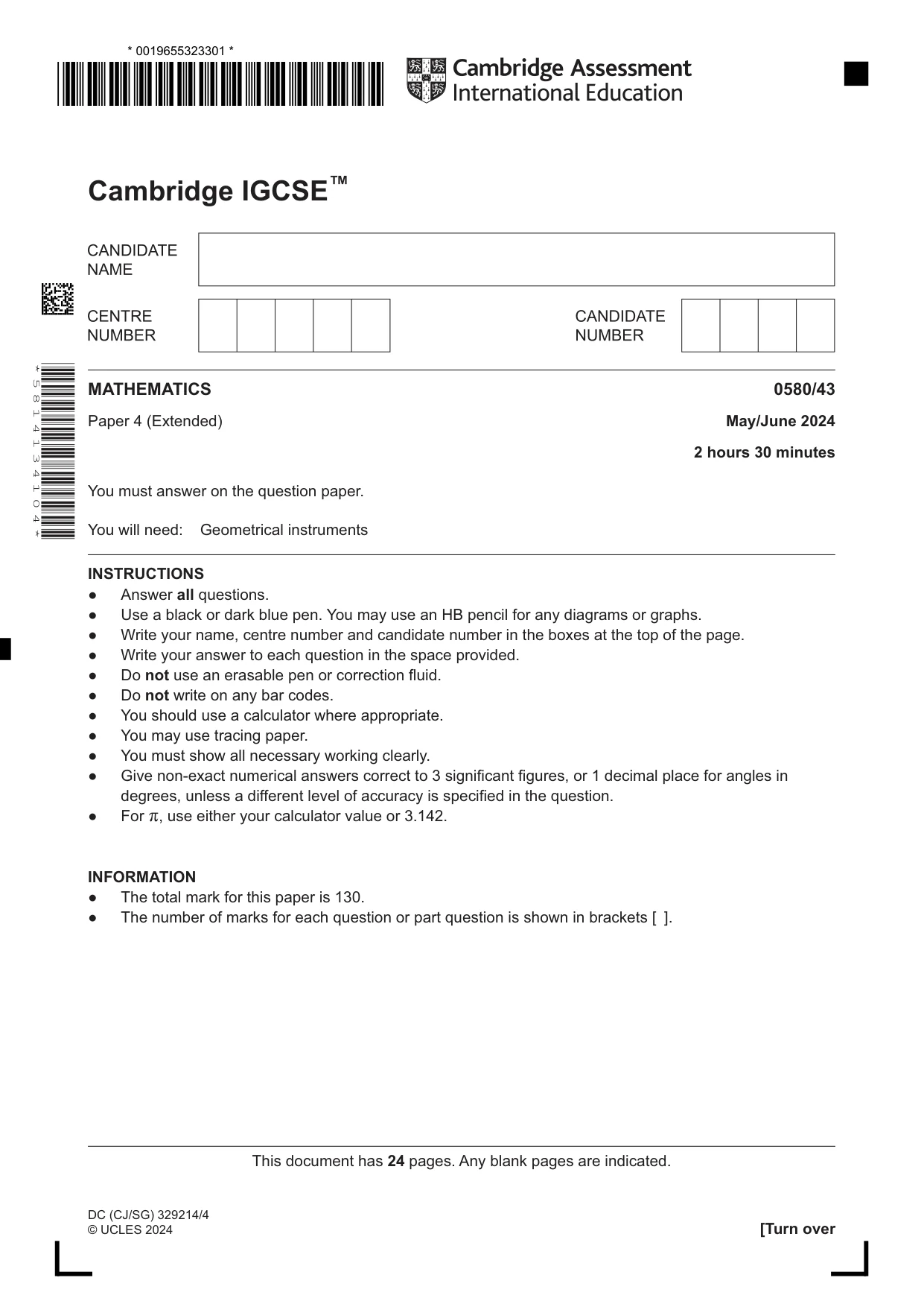 Cambridge IGCSE Mathematics 0580 2024 May/June Paper 4 · Variant 3 question paper, page 1 of 24
