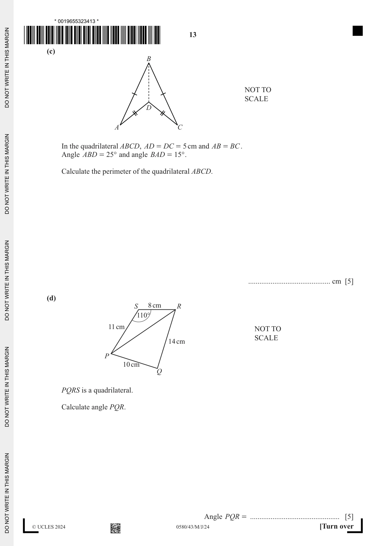 Cambridge IGCSE Mathematics 0580 2024 May/June Paper 4 · Variant 3 question paper, page 13 of 24