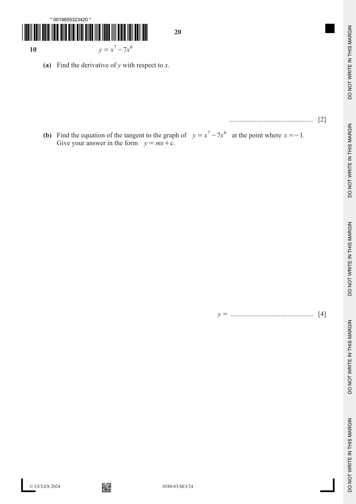 Cambridge IGCSE Mathematics 0580 2024 May/June Paper 4 · Variant 3 question paper, page 20 of 24