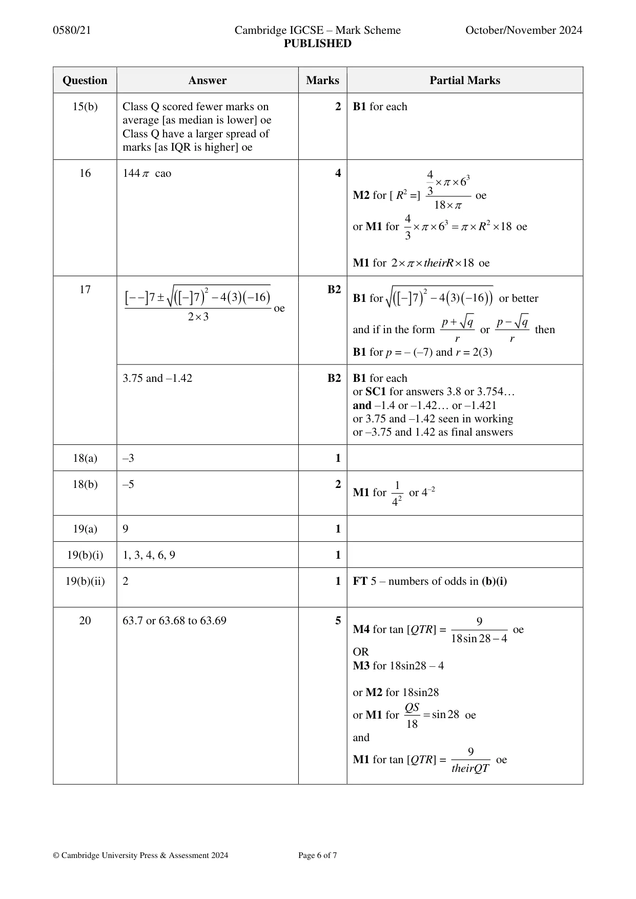 Mark scheme, page 6 of 7